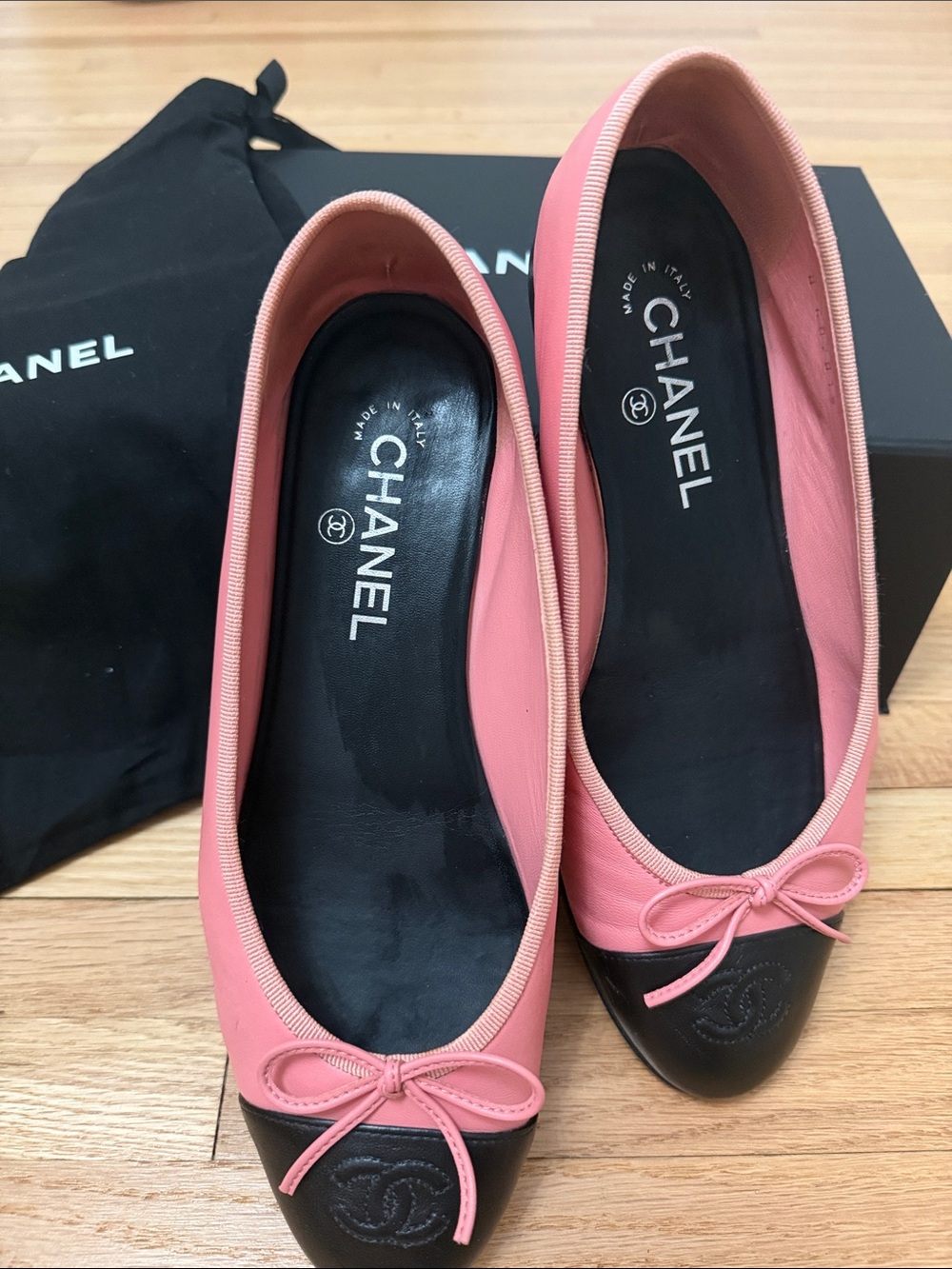CHANEL Pink Leather Ballet Flats with Black Cap Toe (rare color)